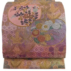 【美品】 袋帯 逸品 佐波理 落款 団扇文 草花 箔 金糸 ピンク 六通 正絹 【中古】のサムネイル