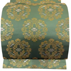 【美品】 袋帯 逸品 龍村晋 落款 華文 鳥 箔 緑 全通 正絹 【中古】のサムネイル