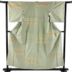 【美品】 紬 身丈154.5cm 裄丈62cm S 袷 段縞 灰緑 正絹 秀品 【中古】のサムネイル