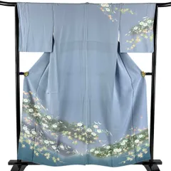 訪問着 身丈158cm 裄丈64.5cm M 袷 落款 草花 楓 ぼかし 水色 正絹 秀品 【中古】