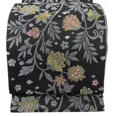 【美品】 袋帯 逸品 花唐草 花 金銀糸 黒 六通 正絹 【中古】