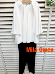 【新品　2024年製】Mila Owen　ミラオーウェン　ケープブラウス&テーパードパンツ　セットアップ フォーマル　定価27,500円　2024年製　オケージョン　Sサイズ　オフホワイト × ブラック　送料込み　おしゃれ　6466501