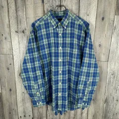 OLD UNIQLO 80s ユニクロ ブルー × グリーン 長袖 BD ボタンダウン チェック コットン シャツ メンズ M サイズ