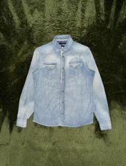限定370ARMANI伊製レザーヨークシャンブレーシャツXSアルマーニ