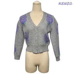3836 KENZO ケンゾー グレー フラワー クロップド ニットカーディガンのサムネイル