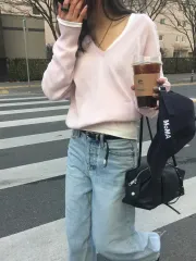 NOFFシンプルVネックニット ピンク