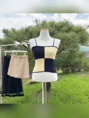 コットン チェック イエロー バイカラー ツートン ニット ノースリーブ 紐 トップス