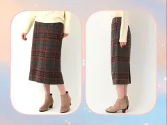 GLOBAL WORK ウール ブレンド CHECK バックスリット ロング スカート