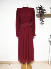 ZARA プリーツ マキシ ロング丈ワンピース ベルト付き 55 バーガンディ S
