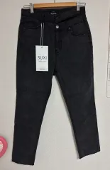 新品 ブラックデニム ダブルボタン スリム ストレート 脚ラインを整える コットン デニム パンツ ズボン