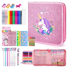 56PCS お絵かきセット 塗り絵キット フルーツの香りのマーカーセット アート着色お絵かきセット ユニコーン鉛筆ケース 子供のための画材キット 文房具セット 色鉛筆 クレヨン マーカー 子供のため最高な誕生日プレゼント (ユニコーン２)のサムネイル