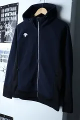 (M) DESCENTE デサント フードジップアップ 機能性 ラグラン ネイビー 起毛 暖かい-174C7