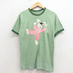 M/古着 ヘインズ 半袖 ビンテージ Tシャツ メンズ 70年代 70s ウサギ ハンドペイント クルーネック 緑 霜降り リンガー【spe】 26apr07