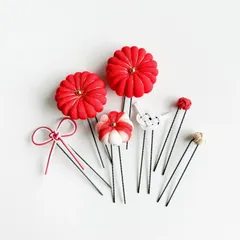 〔612〕七五三髪飾り　ヘアピンセット　赤　アンティーク着物　水引ピン　ヘッドドレス　和装アクセ　キッズヘアアクセサリー　子供　女の子　3歳　７歳　七五三　卒業式　成人式　ハーフ成人式