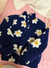 ネイビー 花柄 ボア フリース アウター 12-13Y