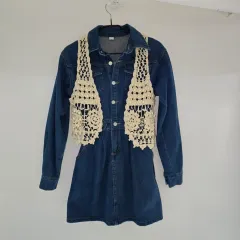 デニム ONE PIECE + クロシェ 編み ベスト セット S C20463