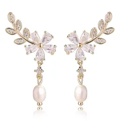 【新品】 VICAKERシンプル デザイン キラキラ ファッション パール枝の形花輪ジルコニアピアス レディース 人気 金属アレルギー対応 リング ピアス 18金earrings women イヤリング 1