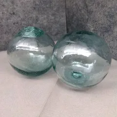 浮き球 2個  ガラス製  気泡入り 青ガラス 漁具 アンティーク 古道具 #1209