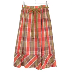 【USED】COLDIER スカート ひざ下 チェック柄 コットンリネン ロープベルト バイアス切り替え テラコッタ 赤 オレンジ 綿 コットン cウエストゴム S~M　ap2926_sk003
