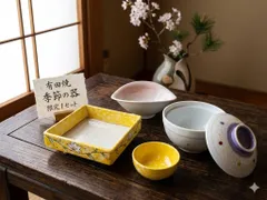 ★まとめ割してますコメント下さい★春の福袋★【お得限定1セット限り】★有田焼　季節の器セット　蓋物/菓子碗/水玉　刺身鉢/黄　小鉢/ピンク　花　桜　祝い　お花見　もてなし料理