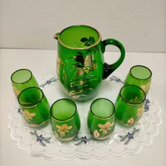 昭和レトロ グリーンガラス 水差し カラフェ コップ6客 金彩 花柄 アンバーガラス ヴィンテージ 食器セット 260226-1T