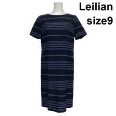 □ レリアン Leilian 半袖ワンピース サックドレス ミディ丈 ボーダー柄 Iライン ラウンドネック 紺 コットン 9 M 9号 レディース S6D756