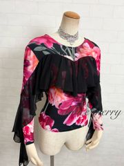 JOAN】新品 M 社交ダンス花柄トップス 背面華やかプリント赤黒109