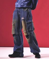 極太 切替デニム カモフラ y2k ダメージ バギー ワイド 00s ストリート 