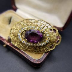 Czech製 ヴィンテージブローチ フィリグリー パープルカットガラス 