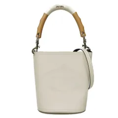 PRADA プラダ タンブール バケット バッグ カーフ ウッド 2WAY ショルダーバッグ RFID IC ロゴ エンボス ホワイト ハンドバッグ 1BE048