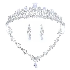 【新品】 ジルコニア ティアラ ネックレス イヤリング または ピアス 3点セット ヘアピン付属 付け方解説書付き 結婚式 ウェディング コスプレ (ピアス) 0