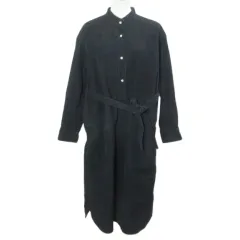 ユニクロ UNIQLO U 20AW コーデュロイシャツワンピース ロング 長袖 バンドカラー ウエストリボン L 黒 ブラック 291-430970 /X