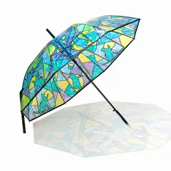 ステンドグラス風 猫柄ビニール傘 ブルー｜58cm おしゃれ 透明 カラフル 長傘 梅雨　雨の日　通勤　通学のサムネイル