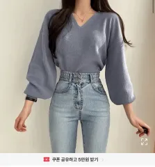 Vネック ニット ライトブルー バルーン 袖 able（ably）