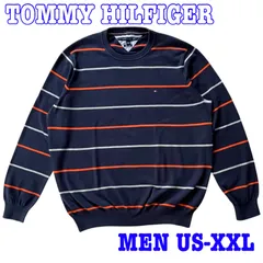 TOMMY HILFIGER トミーヒルフィガー ロゴ刺繍 ラウンドネック ボーダー柄 コットン ニットセーター US-XXL