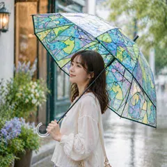 ステンドグラス風 猫柄 透明傘 58cm おしゃれ ビニール傘 レディース 雨傘 かわいい 大人 可愛い 軽量のサムネイル