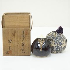 茶道具 京都洛東 桶谷定一作 文琳茶入 唐花雙鳥長斑錦 共箱 茶道具