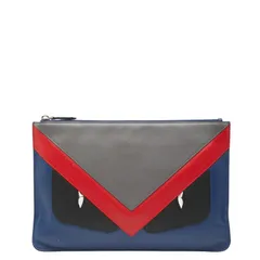フェンディ バッグバグズ モンスター クラッチバッグ 7N0078 ブルー グレー レッド レザー レディース FENDI【1-0236416】
