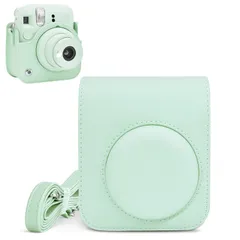 Rieibi instax mini 12ケース、インスタックスミニ 12 ケース Fuji チェキ instax mini 12 バッグ チェキ12収納バッグ PUレザー ショルダーストラップ付 携帯便利 軽量 全面保護 おしゃれ（グリーン）
