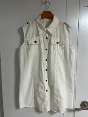(日本 ヴィンテージ) ノースリーブ シャツ ベスト 白 コットン 麻 L