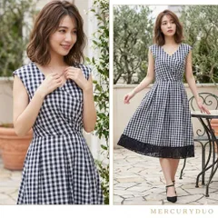 MERCURYDUO【F】カシュクールワンピース 紺 ギンガムチェック デート