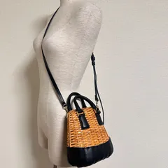 美品 ikot イコット シェル型 2way ラタン&牛革 ミニバスケット ハンドバッグ ミニショルダーバッグ かごバッグ 底鋲付き