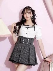 ROJITAダブルリボン配色レイヤードトップスビジューティアードスカート