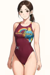 H198ミズノ♪日本製♪ハワイアン柄パープルのハイカット小尻デザインレディース競泳水着♪練習やトレーニングや撮影用にも♪サイズLのサムネイル