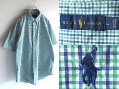 RALPH LAUREN ラルフローレン ポロポニーロゴ刺繍 コットン 半袖 チェックシャツ BDシャツ L グリーン ブルー ホワイト USA企画