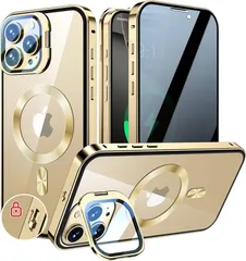 KELLCASE【カメラレンズ保護・スタンド+覗き見防止+MagSafe対応 】iPhone 16 Pro Max 用 ケース 全面保護 隠しスタンド付き ロック付き 両面 マグネット式 アイフォン16プロマックス カバー  6.9インチ（ゴールド）