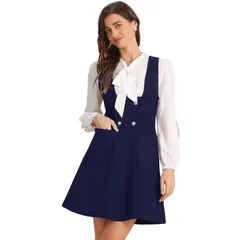 アレグラ ケー レディース トップス ワンピース A ライン オーバーオール ALLEGRA K Pinafore Dress for Womens ALine Double Breasted Overallsuspenders Deep Blue ブルー