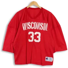 メンズUS-XXL 90's USA製 チャンピオン Vネック半袖メッシュフットボールシャツ WISCONSIN ナンバリング 短丈 レッド Champion hsc-1136n