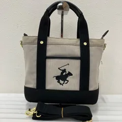Y2485　BEVERLY HILLS POLO CLUB　 ビバリーヒルズポロクラブ　ハンドバッグ　 2way　ショルダーバッグ　キャンバス　 グレーベージュ×ブラック系　馬　ホース　 刺繍　レディース