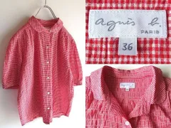 agnes b. アニエスべー CF42 CHEMISE 楊柳 クレポン シアサッカー ギンガムチェック 丸襟 シャツ ブラウス 36 レッド 赤白のサムネイル